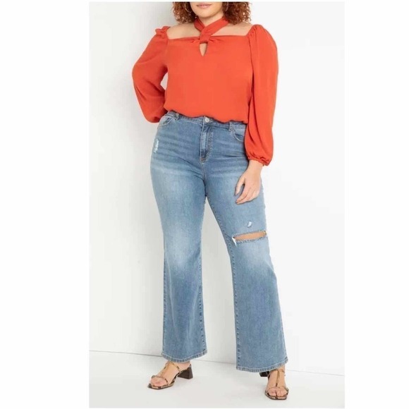 Eloquii Halter Square Neck Long Sleeve Top Size 18 Burnt Orange - Picture 5 of 14